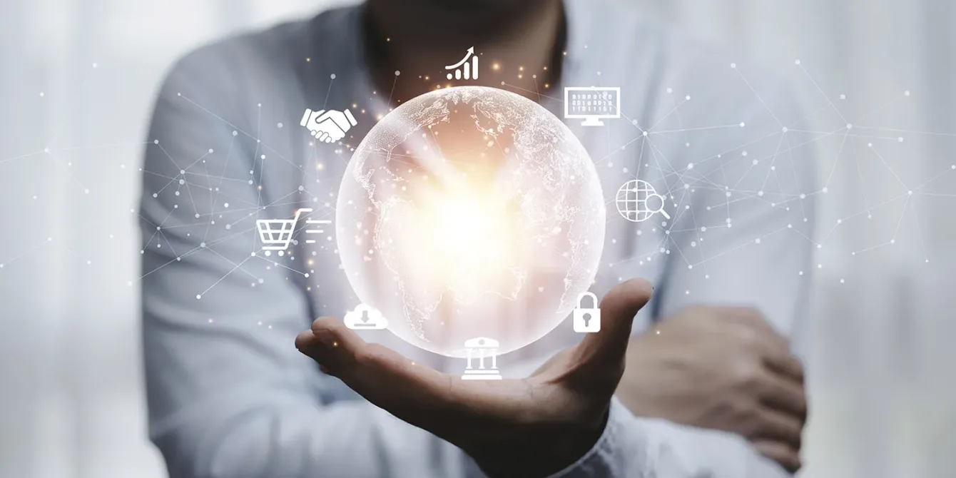 Man hand holding virtual world with internet connection for met