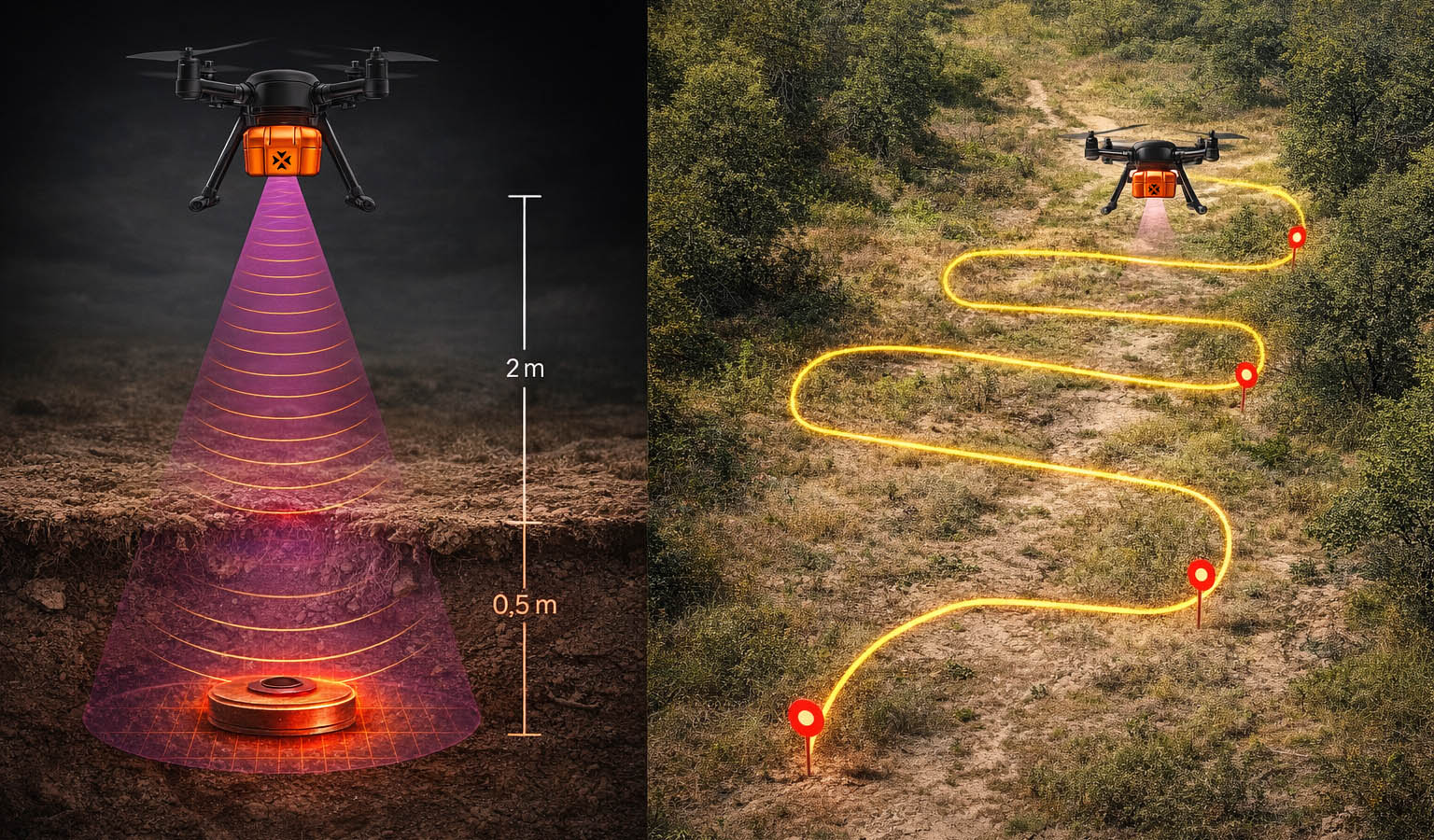 AI Object Detection for Autonomous Landmine Detection - drone scanning terrain with radar