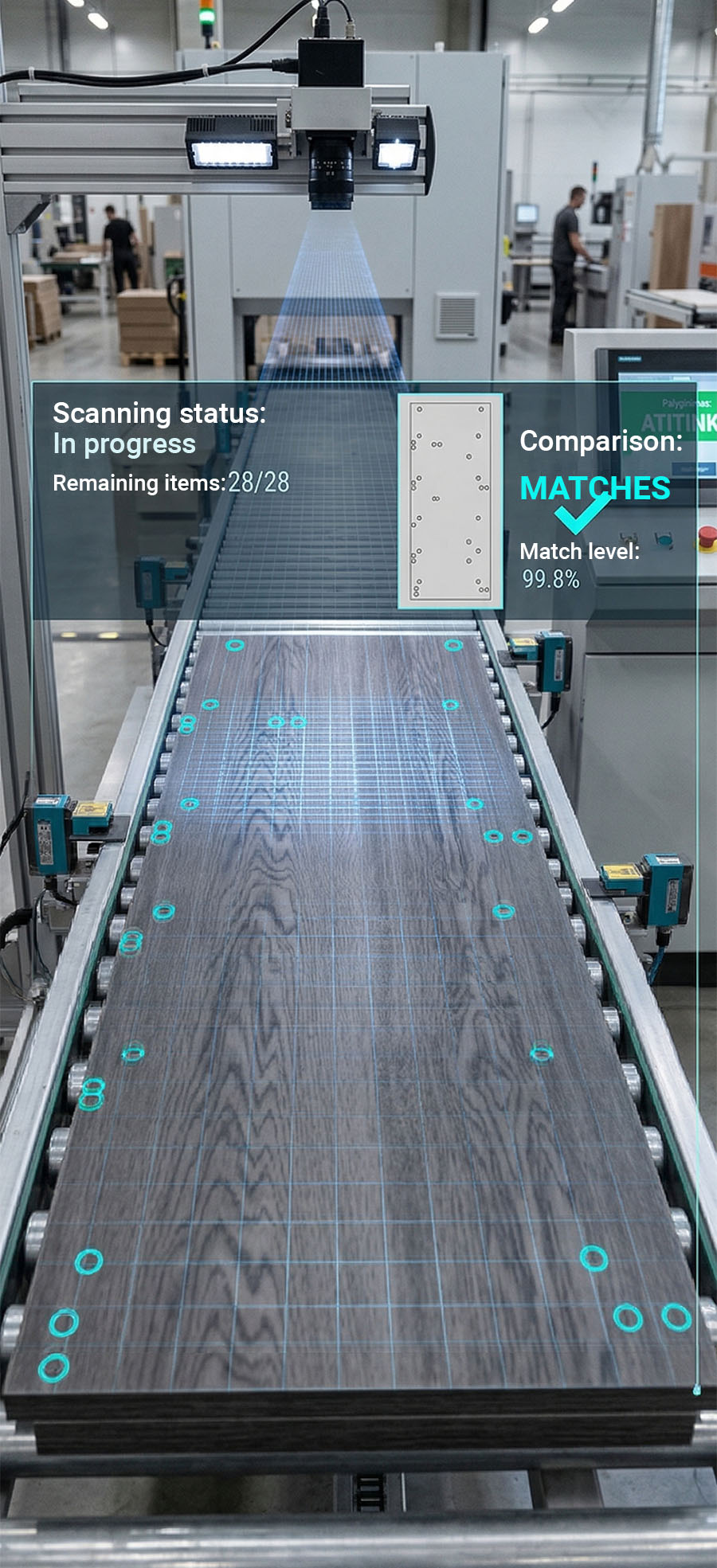 Computer vision system detecting drilled holes and defects on furniture board