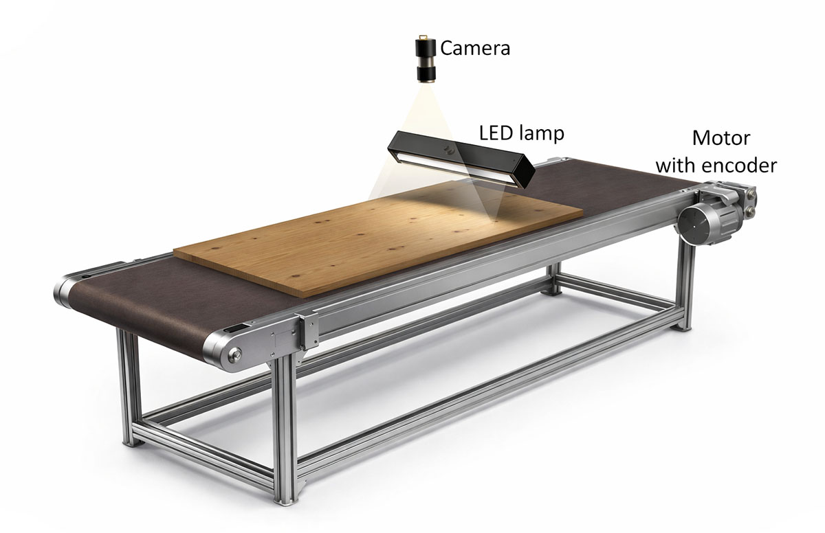Production line setup for computer vision inspection - cameras, lighting, and conveyor system
