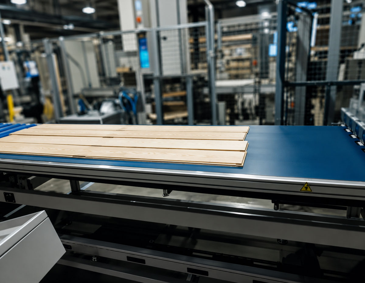 Lamella flooring production line with AI quality control system installed