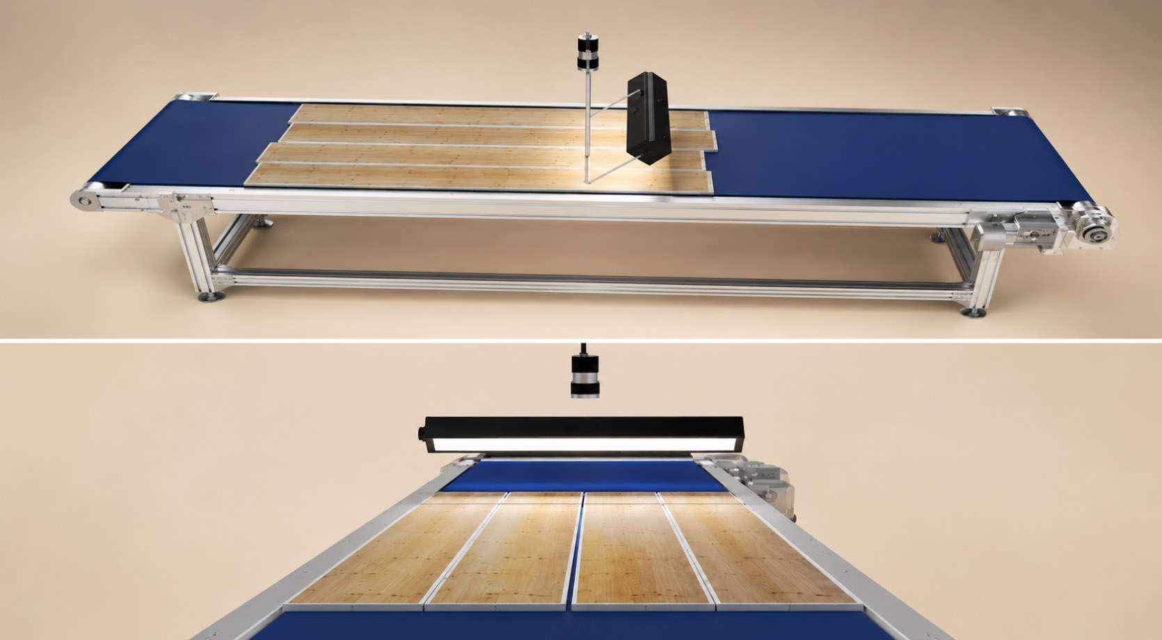 Computer vision system setup on lamella flooring production line - camera positioning, lighting configuration, and scanning station layout