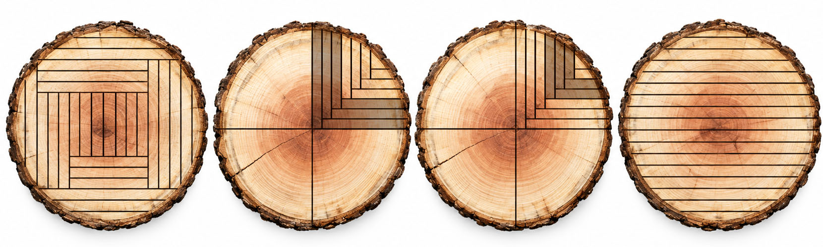Log end-grain cross sections showing four different sawing patterns overlaid on the log face.