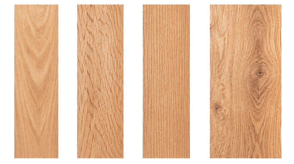 Board samples showing the face grain and edge grain produced by each cutting pattern.