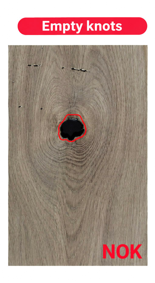 A single inspection panel showing an empty knot circled in red and marked as rejected.